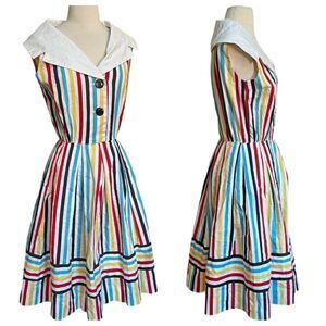 DREAMY Vintage 1950s Handmade One of a Kind Rainbow Shawl Collar Cotton Dress